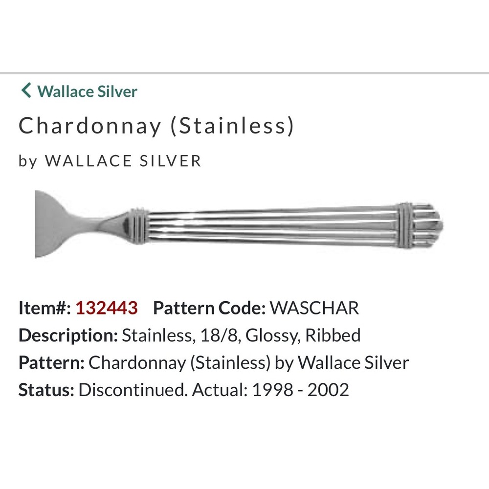 Wallace Silver Chardonnay Stainless Teaspoon Ribbed Glossy 18/10 Flatware 6.25" - Picture 5 of 6